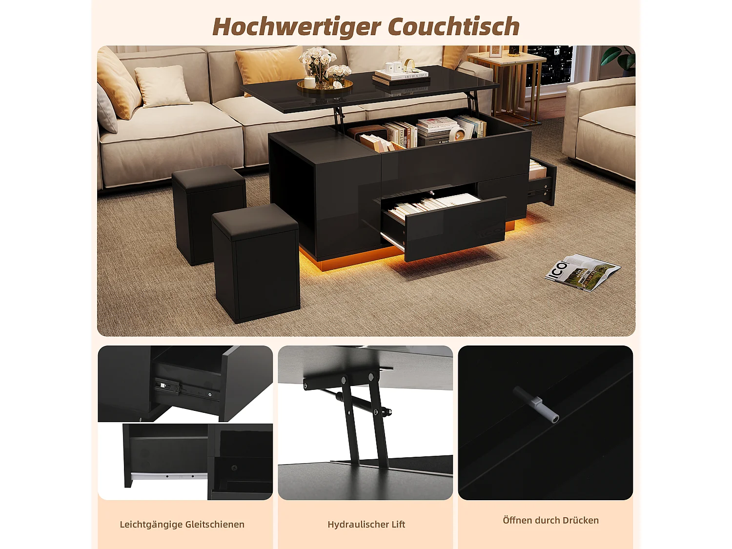 Table basse multifonction réglable en hauteur avec LED, 2 tiroirs et tabourets de rangement, panneau de particules, noir (100x50x45cm)