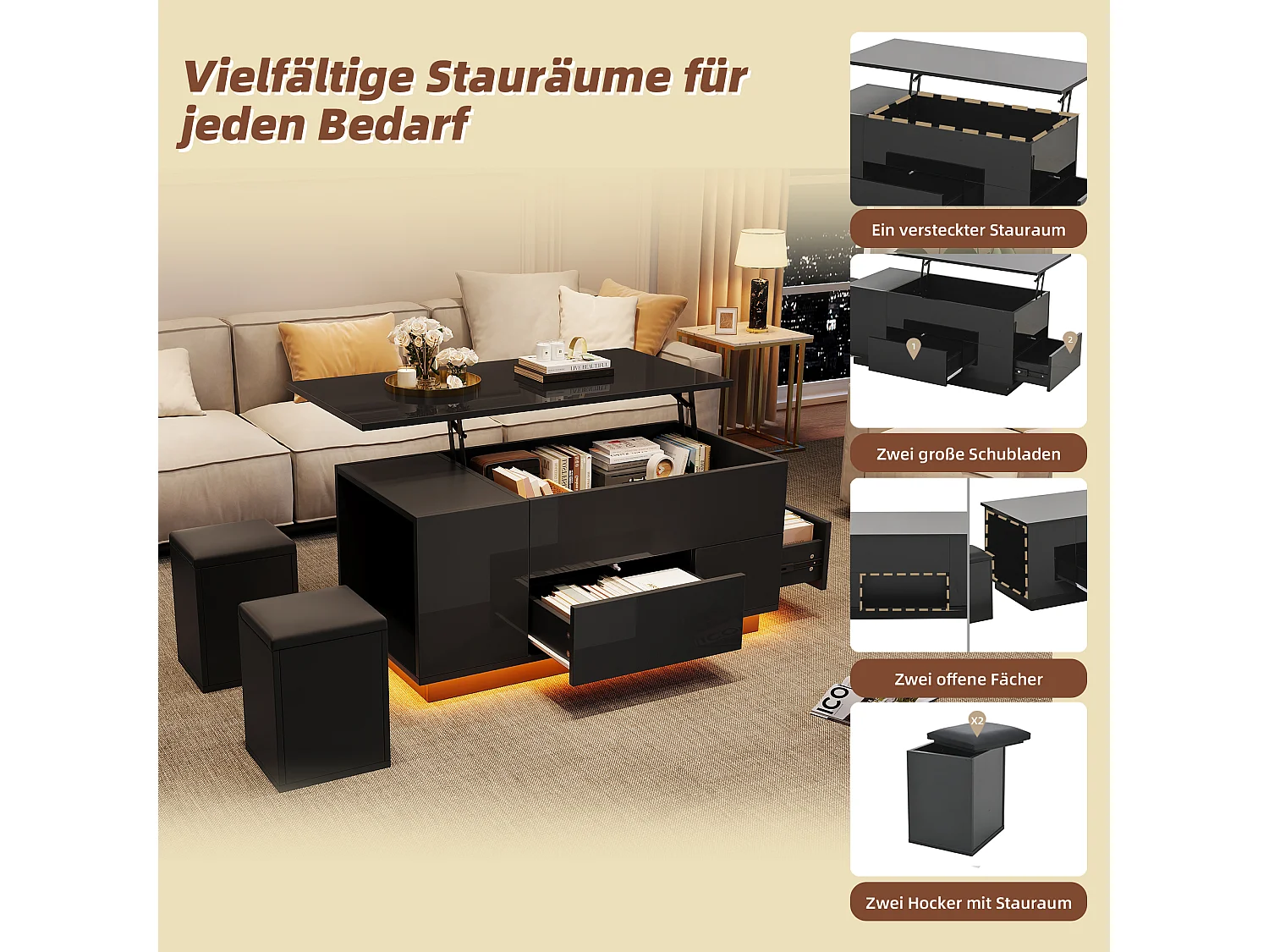 Table basse multifonction réglable en hauteur avec LED, 2 tiroirs et tabourets de rangement, panneau de particules, noir (100x50x45cm)