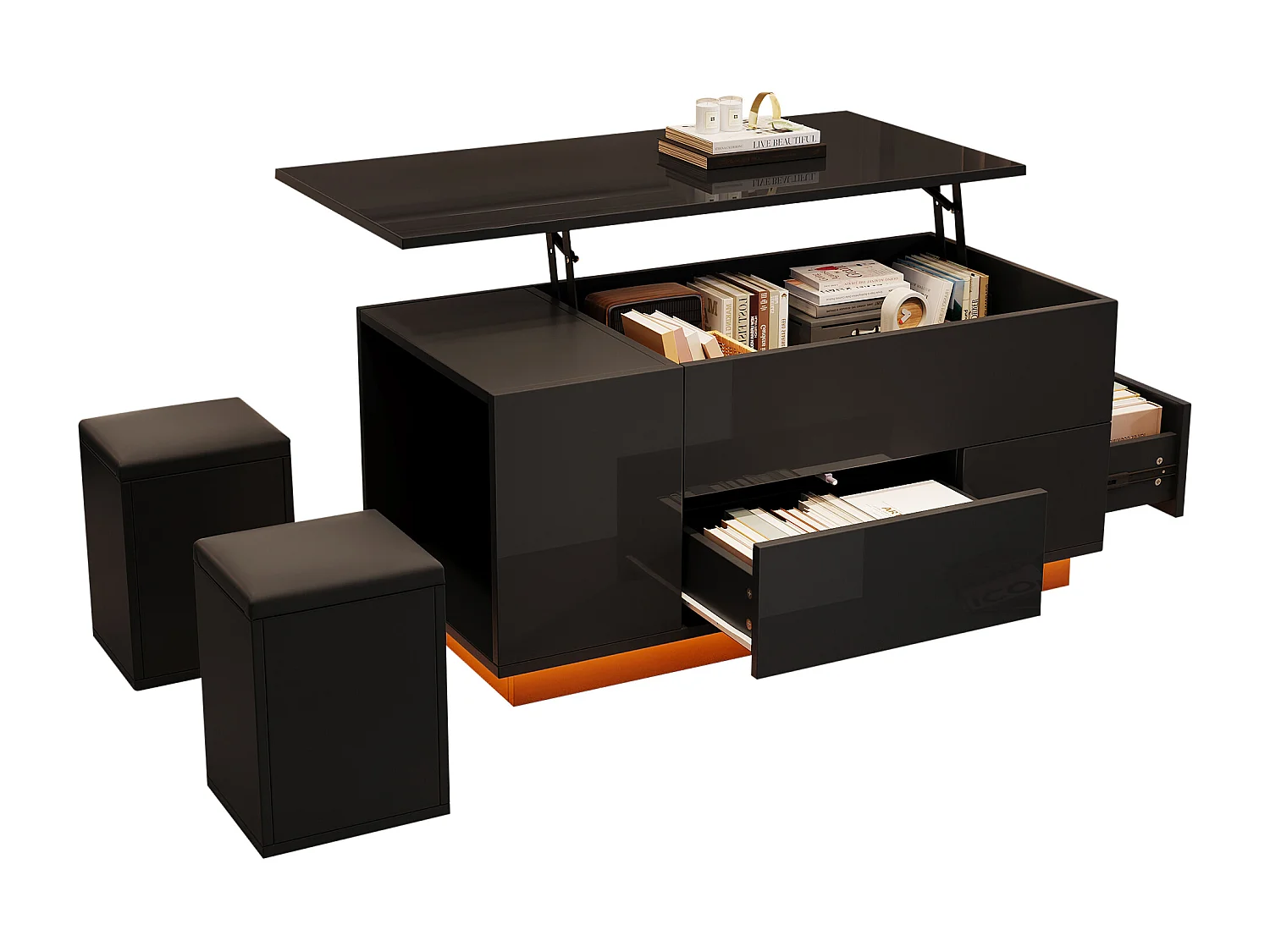 Table basse multifonction réglable en hauteur avec LED, 2 tiroirs et tabourets de rangement, panneau de particules, noir (100x50x45cm)