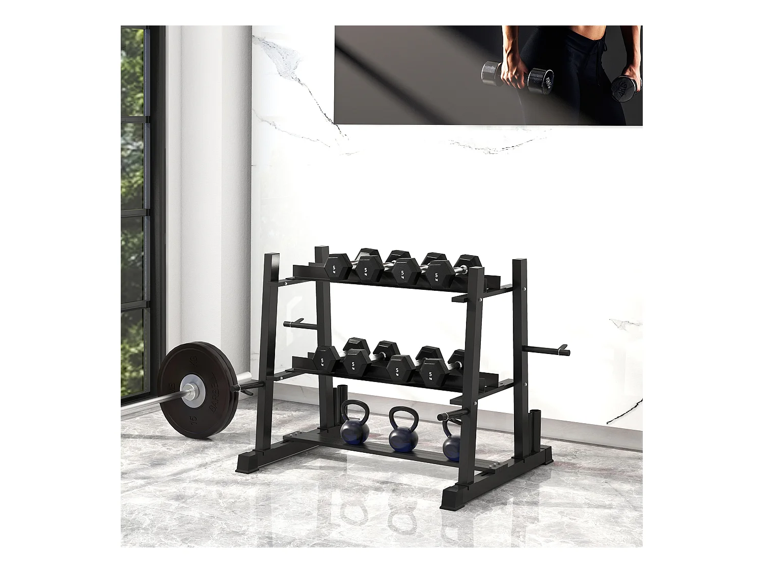 Support pour haltères à 3 niveaux, capacité 200 kg, acier, noir (131x75x80 cm)