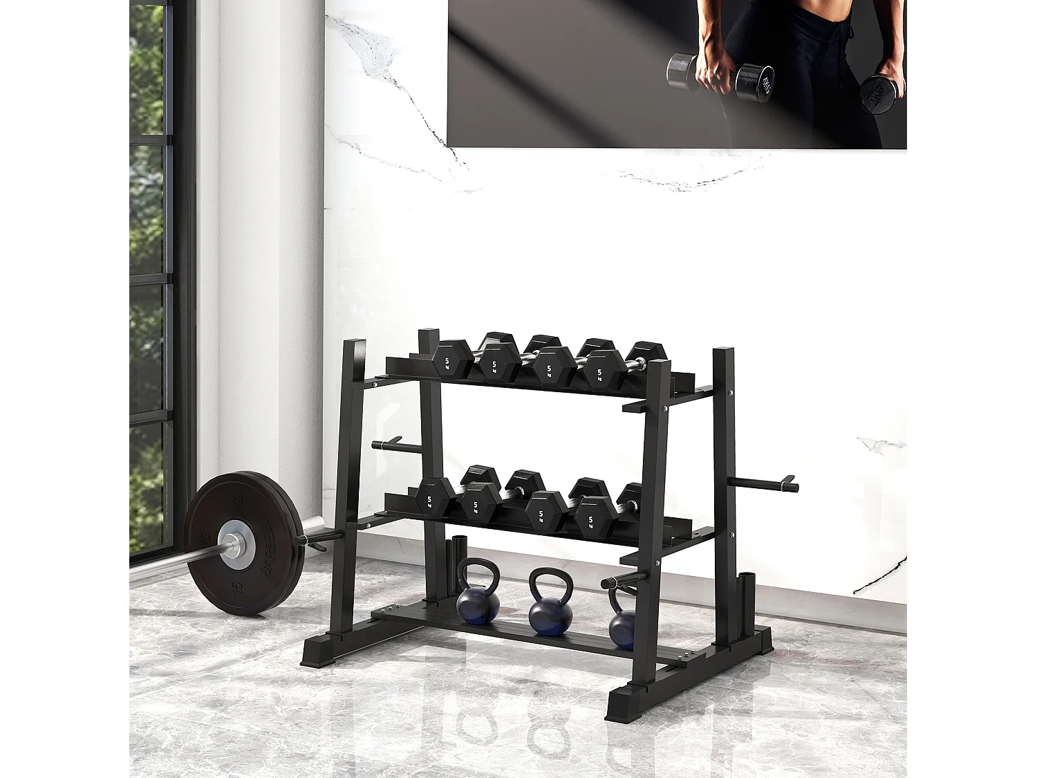 Support pour haltères à 3 niveaux, capacité 200 kg, acier, noir (131x75x80 cm)