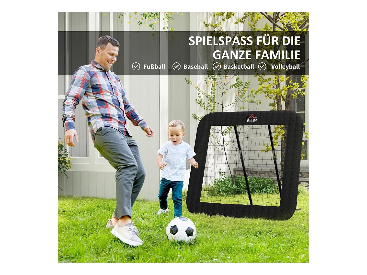 Rebondisseur de football pliable, 5 positions réglables, acier, noir (128x118x108-120cm)