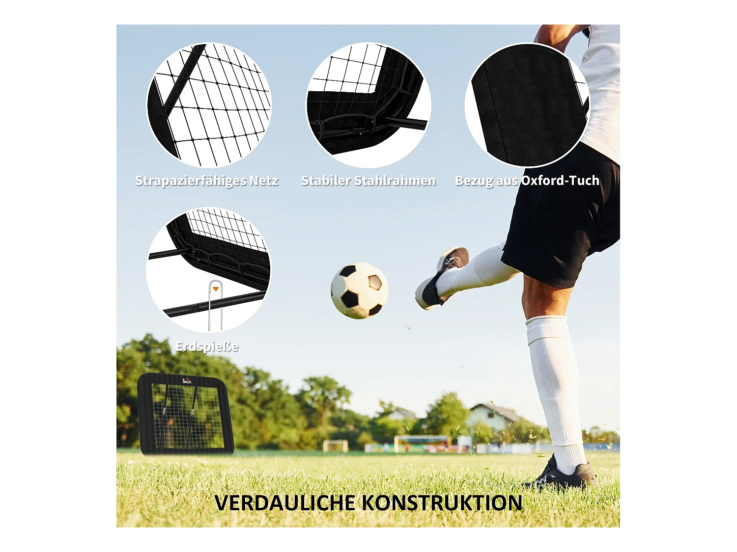 Rebondisseur de football pliable, 5 positions réglables, acier, noir (128x118x108-120cm)