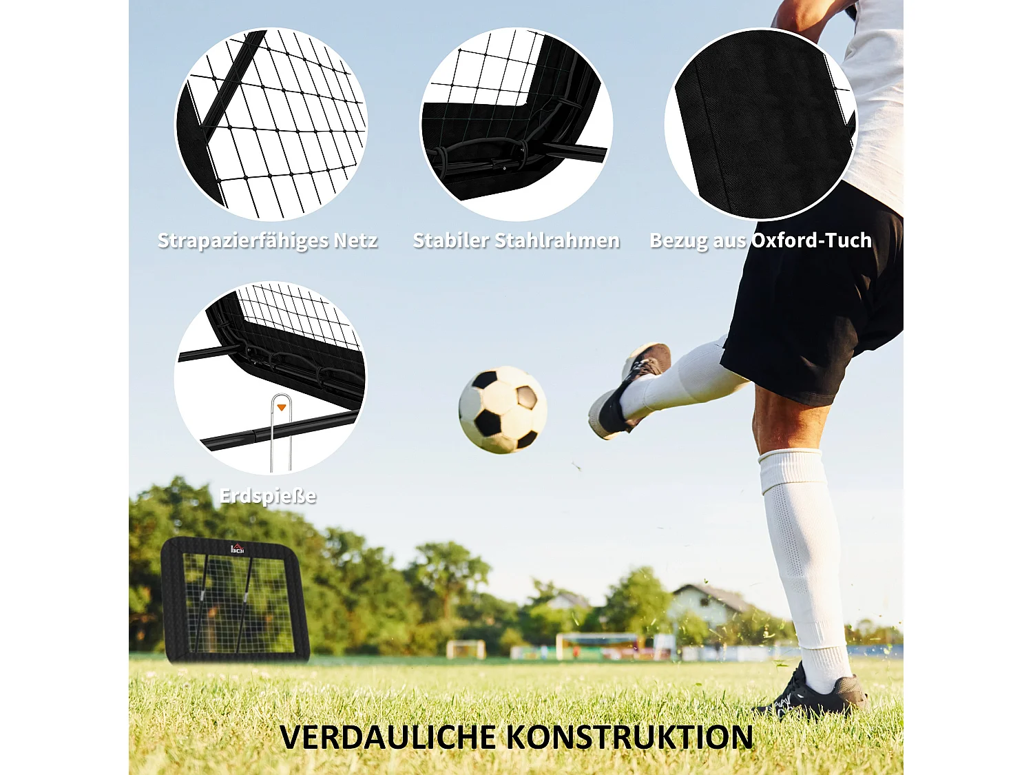 Rebondisseur de football pliable, 5 positions réglables, acier, noir (128x118x108-120cm)