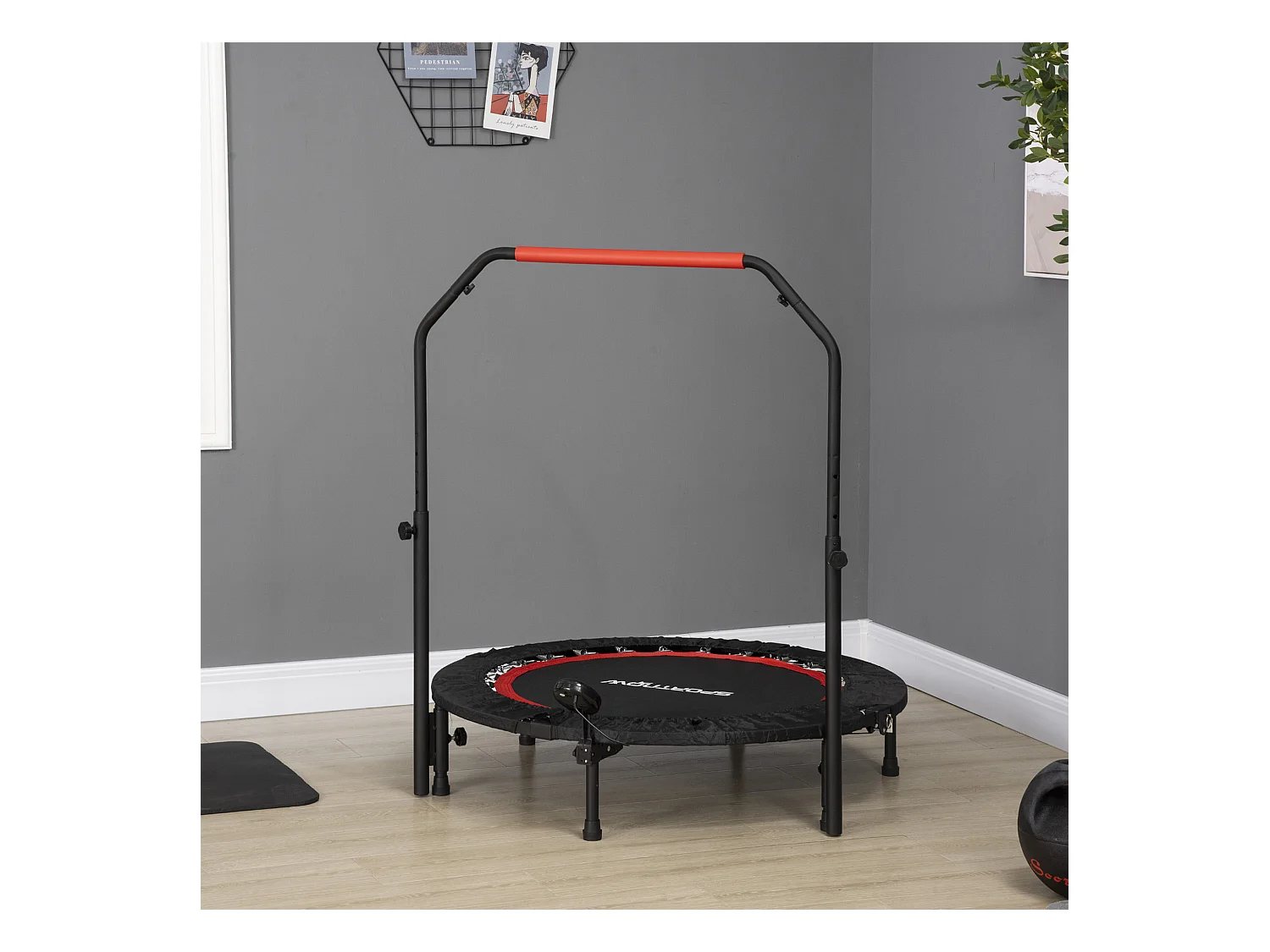 Mini trampoline de fitness avec écran LCD, poignée réglable 4 positions, plastique, noir (102x102x123cm)