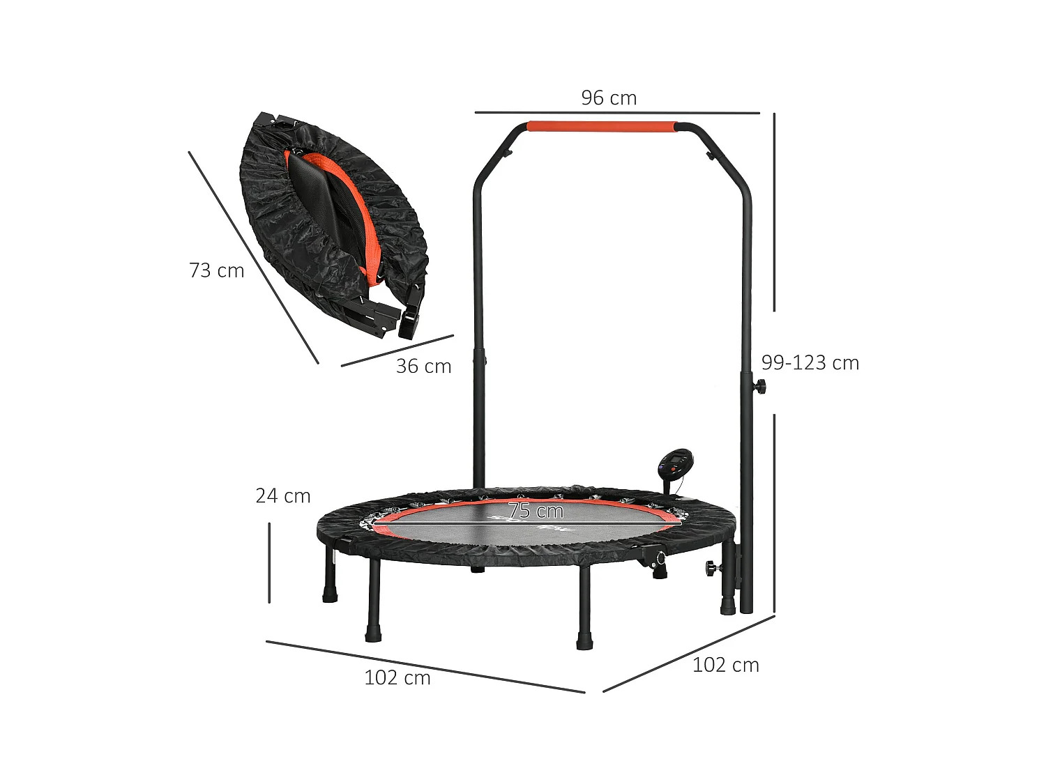 Mini trampoline de fitness avec écran LCD, poignée réglable 4 positions, plastique, noir (102x102x123cm)