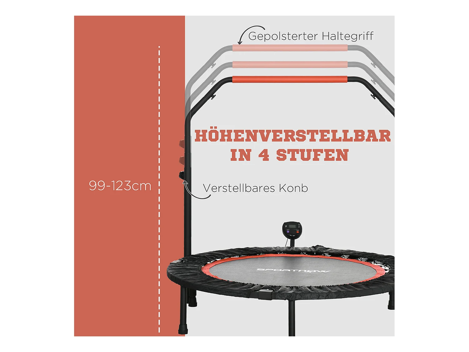 Mini trampoline de fitness avec écran LCD, poignée réglable 4 positions, plastique, noir (102x102x123cm)