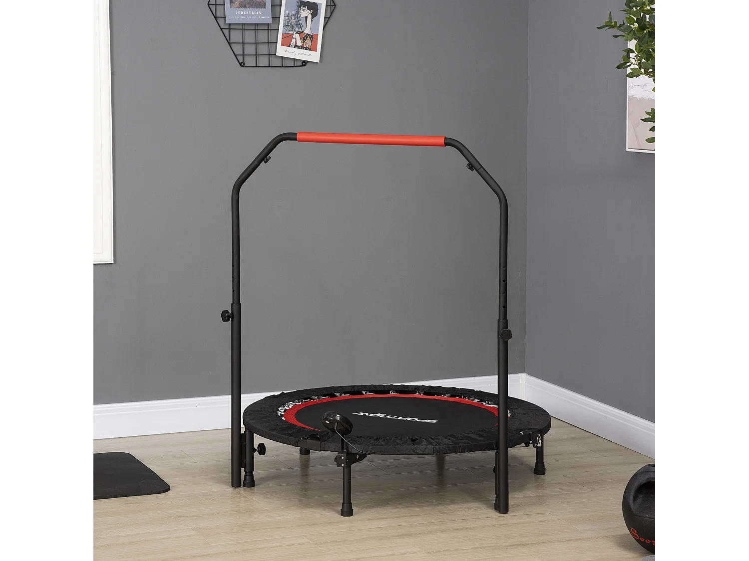 Mini trampoline de fitness avec écran LCD, poignée réglable 4 positions, plastique, noir (102x102x123cm)