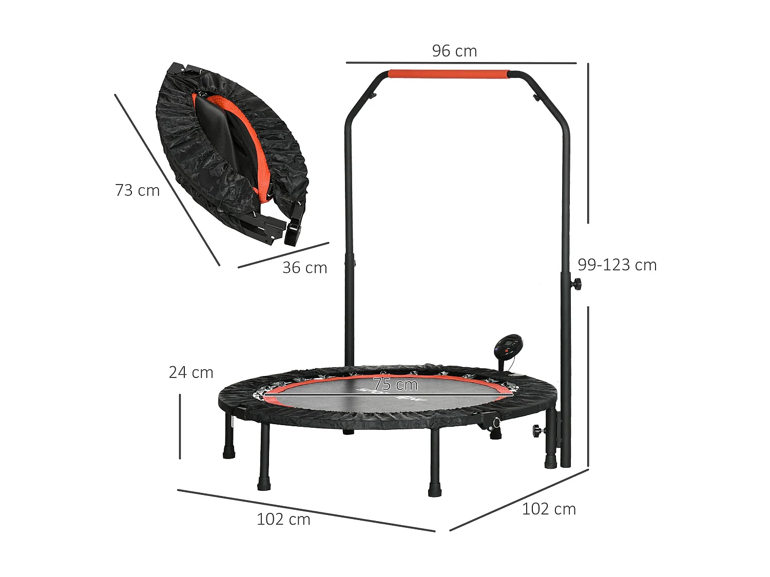 Mini trampoline de fitness avec écran LCD, poignée réglable 4 positions, plastique, noir (102x102x123cm)
