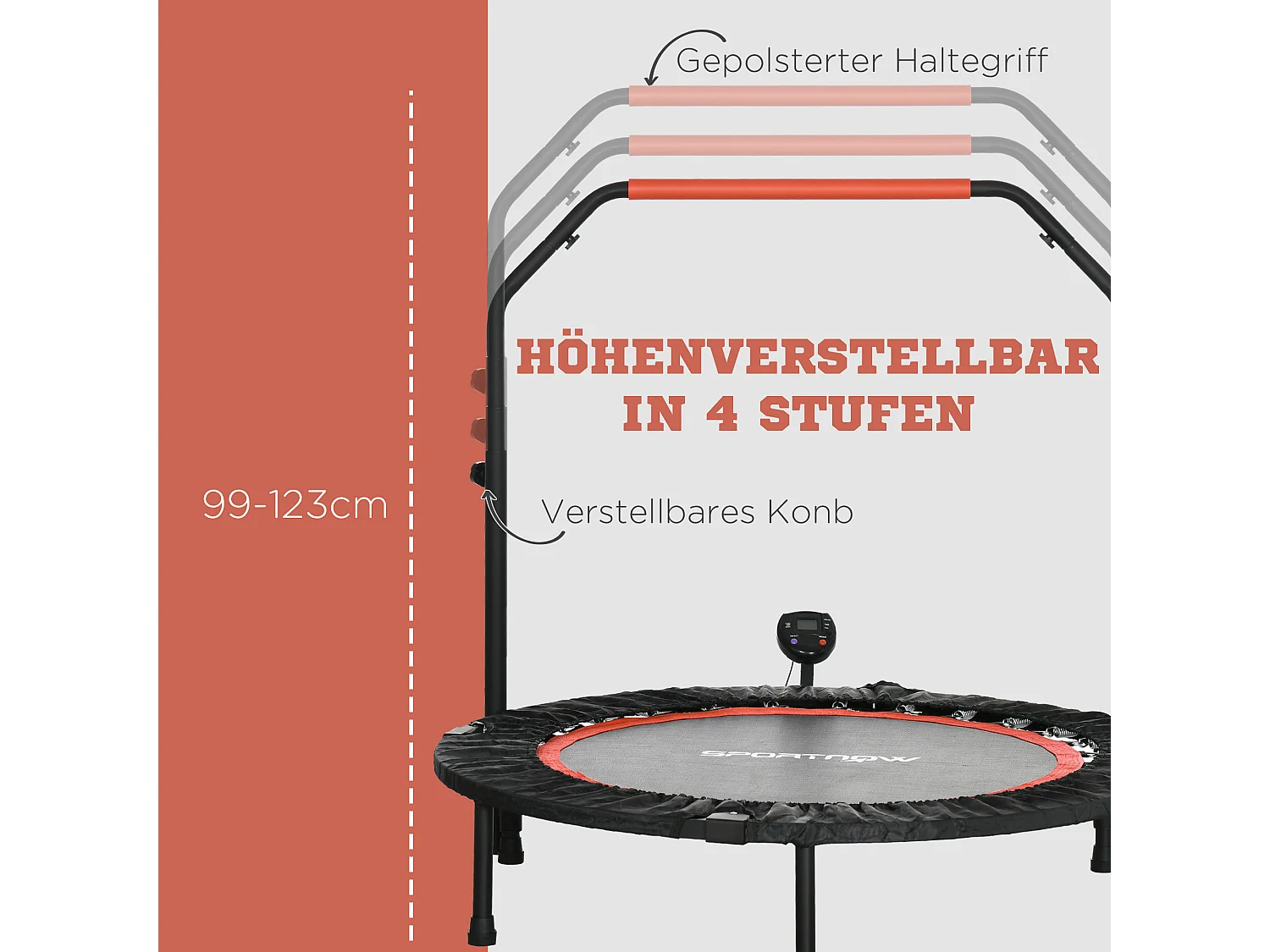 Mini trampoline de fitness avec écran LCD, poignée réglable 4 positions, plastique, noir (102x102x123cm)