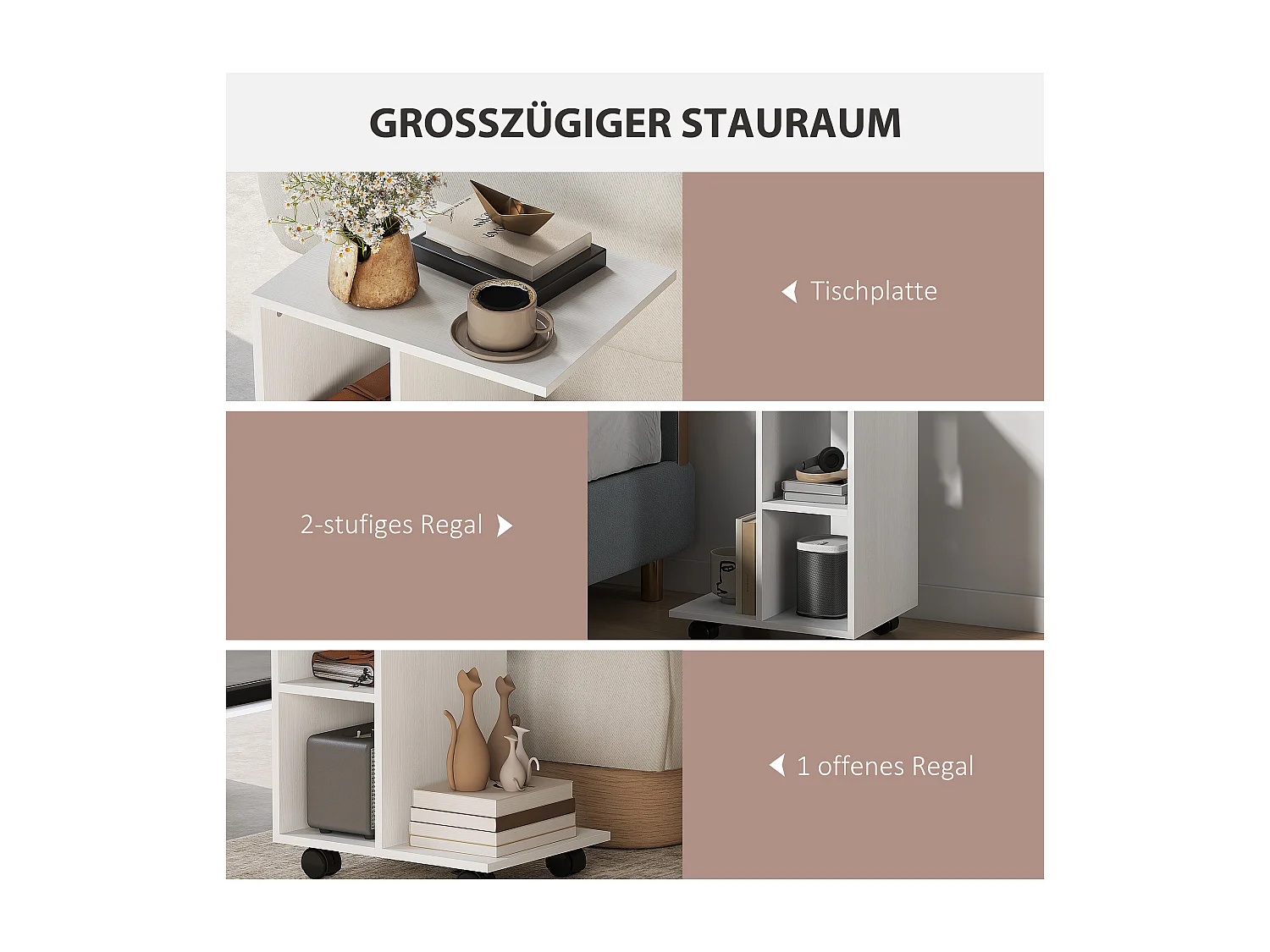 Tavolino laterale a forma di C con ruote, pannello di particelle, bianco (45x35x58cm)