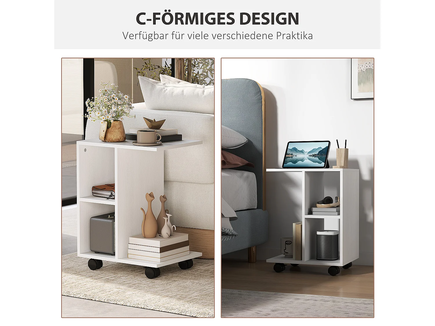 Tavolino laterale a forma di C con ruote, pannello di particelle, bianco (45x35x58cm)