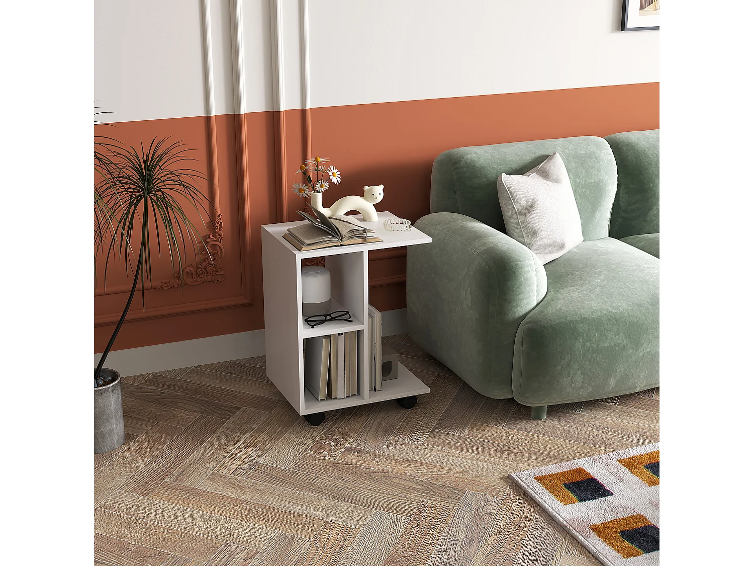 Tavolino laterale a forma di C con ruote, pannello di particelle, bianco (45x35x58cm)