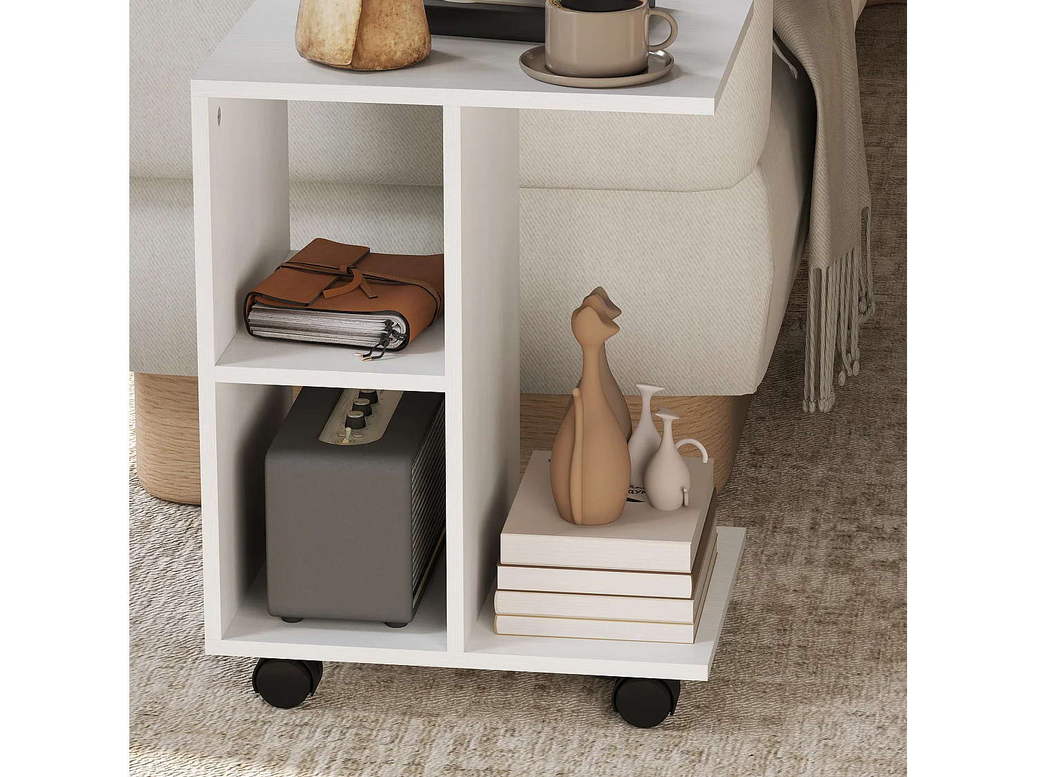 Tavolino laterale a forma di C con ruote, pannello di particelle, bianco (45x35x58cm)