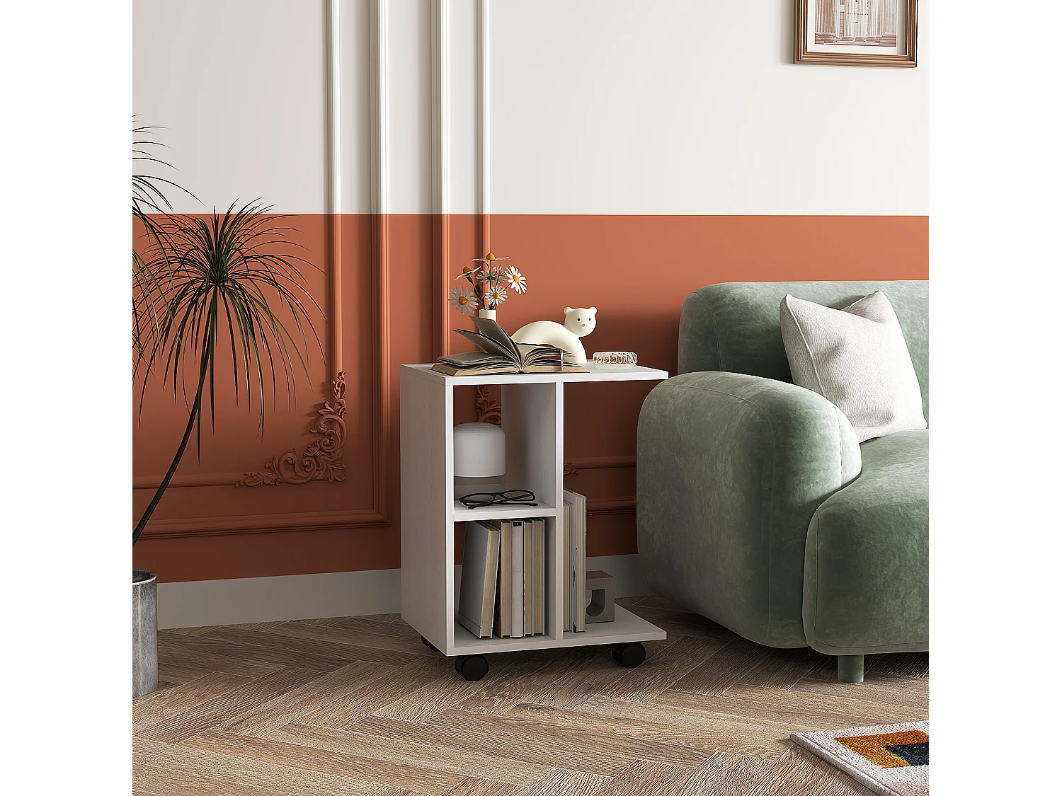 Tavolino laterale a forma di C con ruote, pannello di particelle, bianco (45x35x58cm)