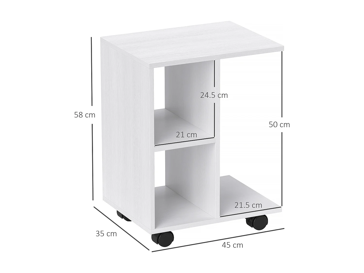 Tavolino laterale a forma di C con ruote, pannello di particelle, bianco (45x35x58cm)
