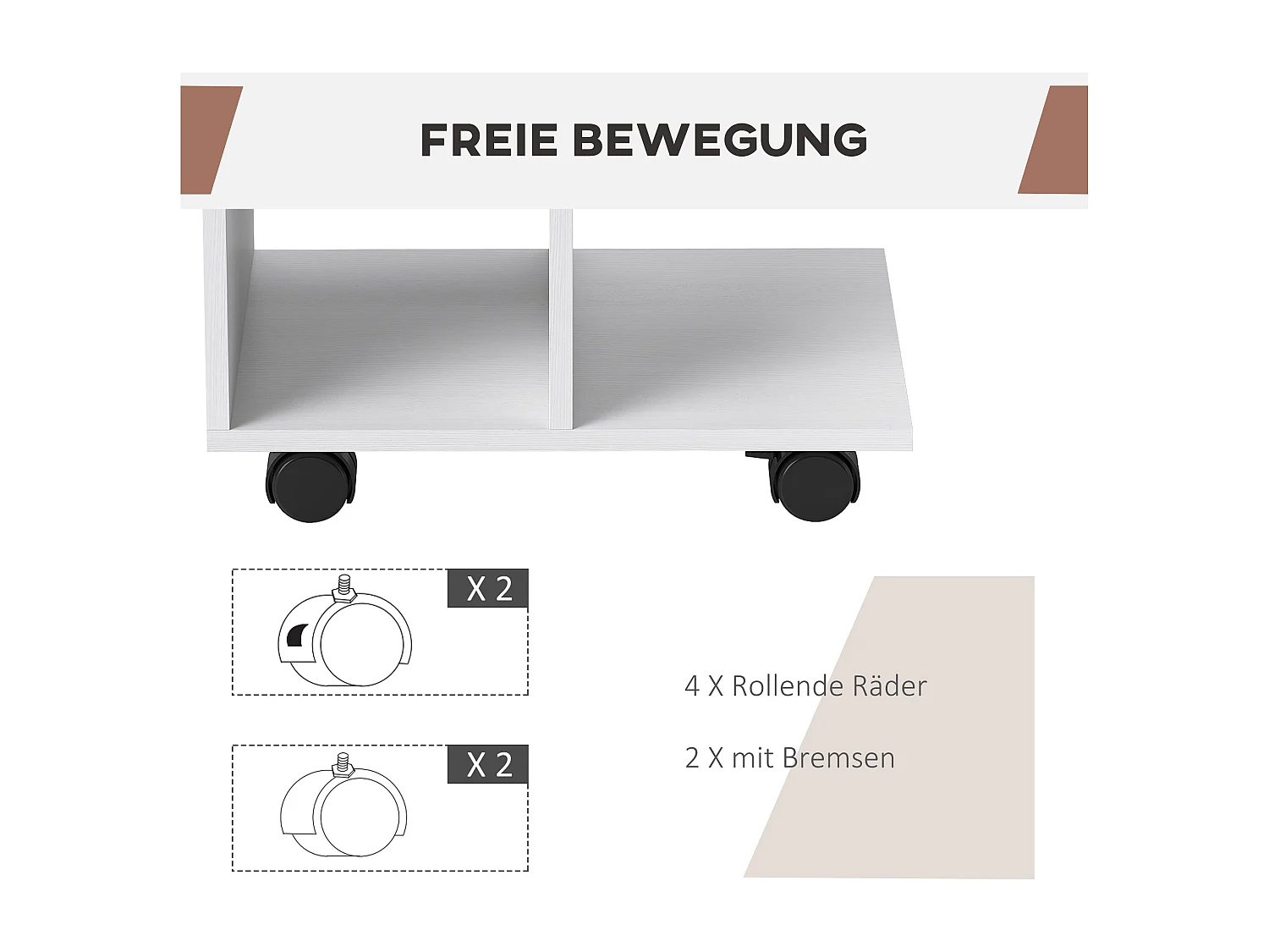 Tavolino laterale a forma di C con ruote, pannello di particelle, bianco (45x35x58cm)