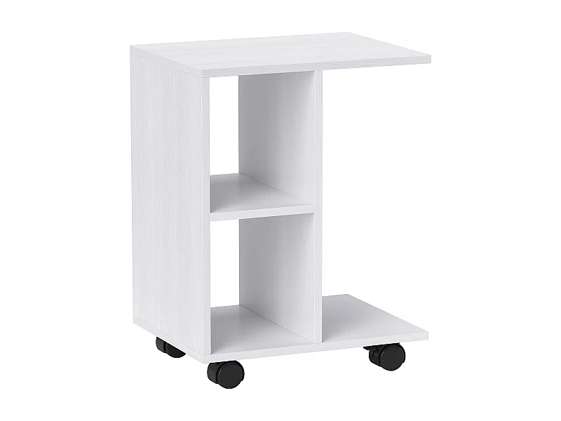 Tavolino laterale a forma di C con ruote, pannello di particelle, bianco (45x35x58cm)