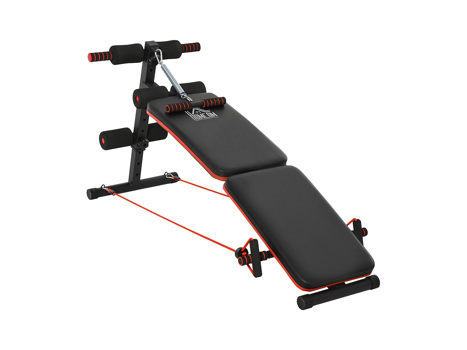 Banc d'entraînement abdominal réglable et pliable, multifonction avec cordes, acier, noir et rouge (137x51x66 cm)