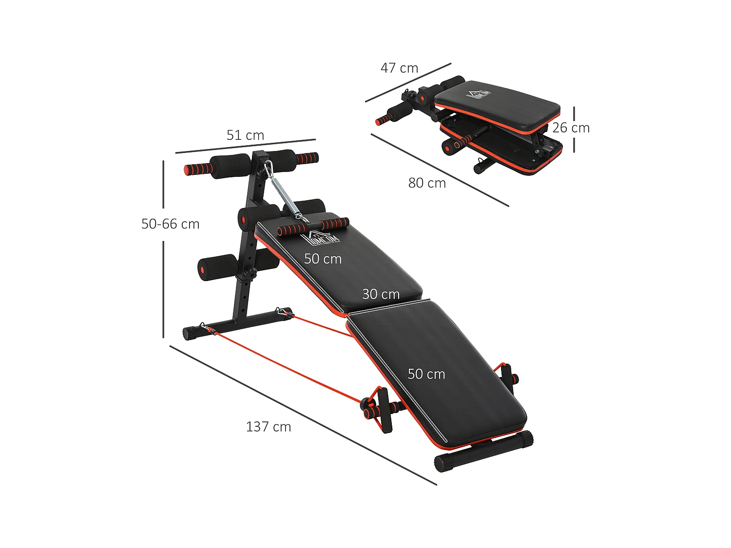 Banc d'entraînement abdominal réglable et pliable, multifonction avec cordes, acier, noir et rouge (137x51x66 cm)