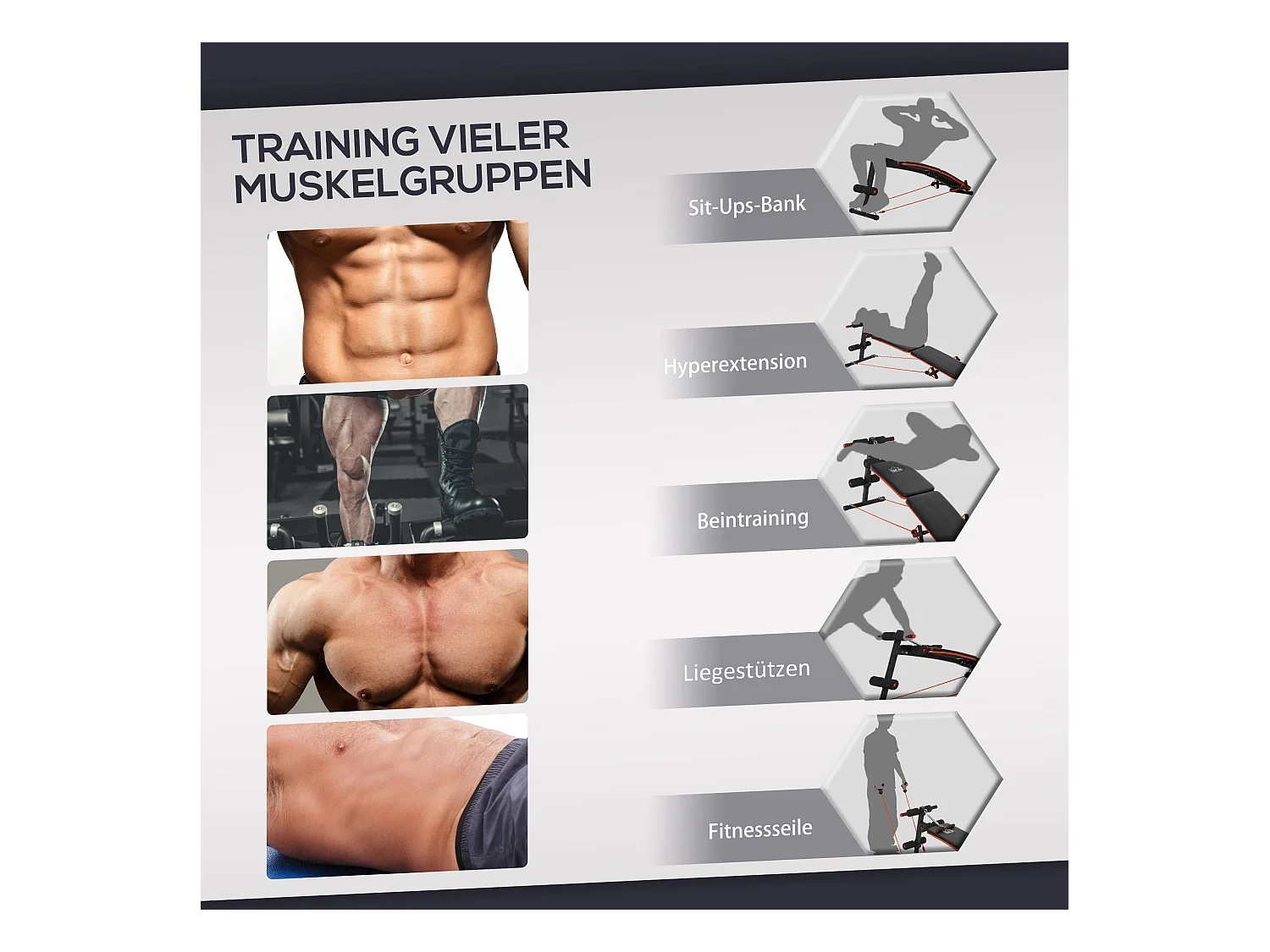 Banc d'entraînement abdominal réglable et pliable, multifonction avec cordes, acier, noir et rouge (137x51x66 cm)