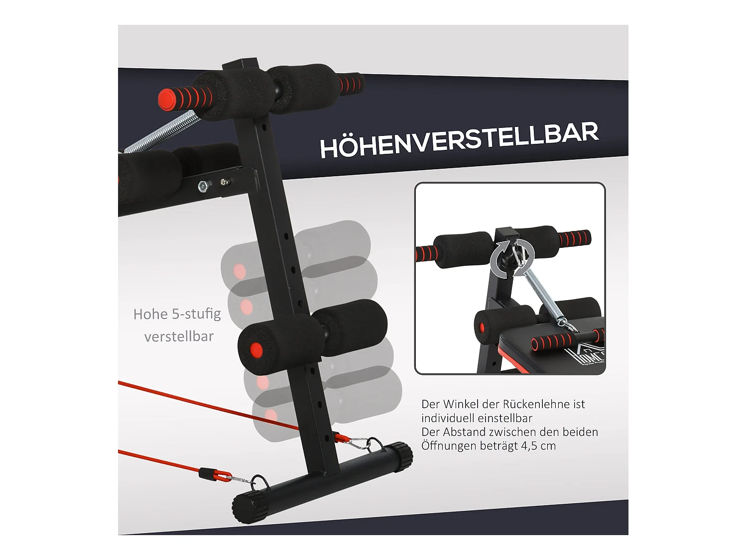 Banc d'entraînement abdominal réglable et pliable, multifonction avec cordes, acier, noir et rouge (137x51x66 cm)