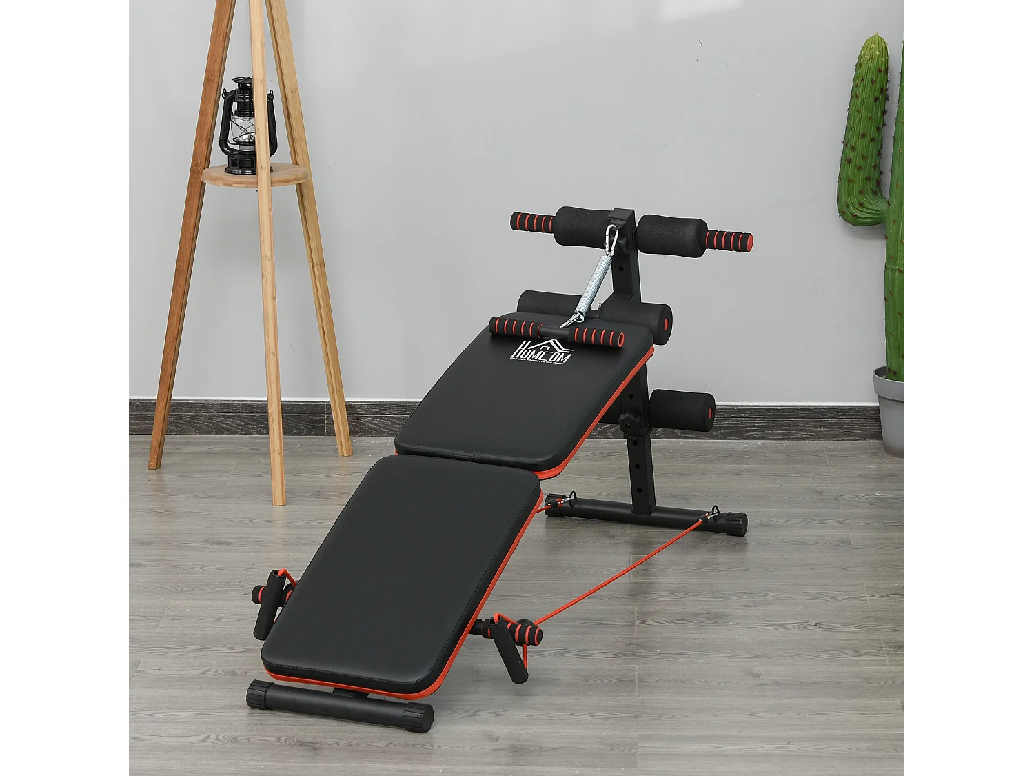 Panca per addominali regolabile e pieghevole, multifunzionale con corde, acciaio, nero e rosso (137x51x66 cm)