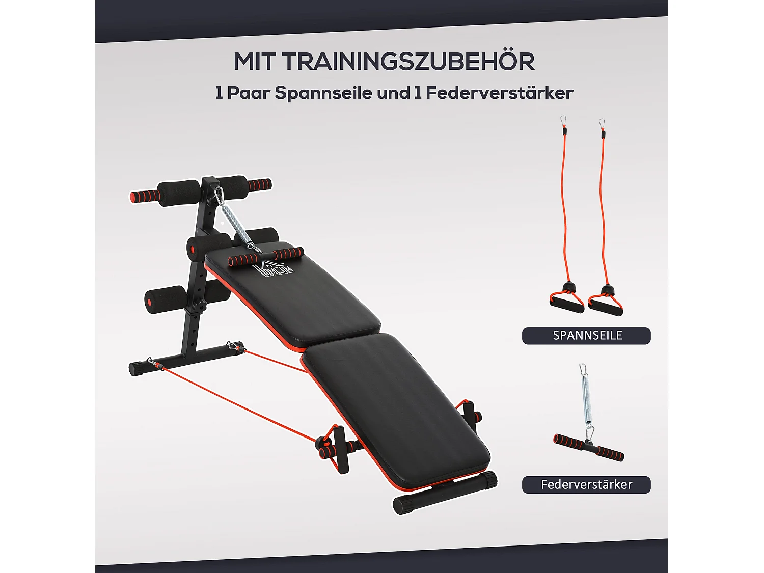 Panca per addominali regolabile e pieghevole, multifunzionale con corde, acciaio, nero e rosso (137x51x66 cm)