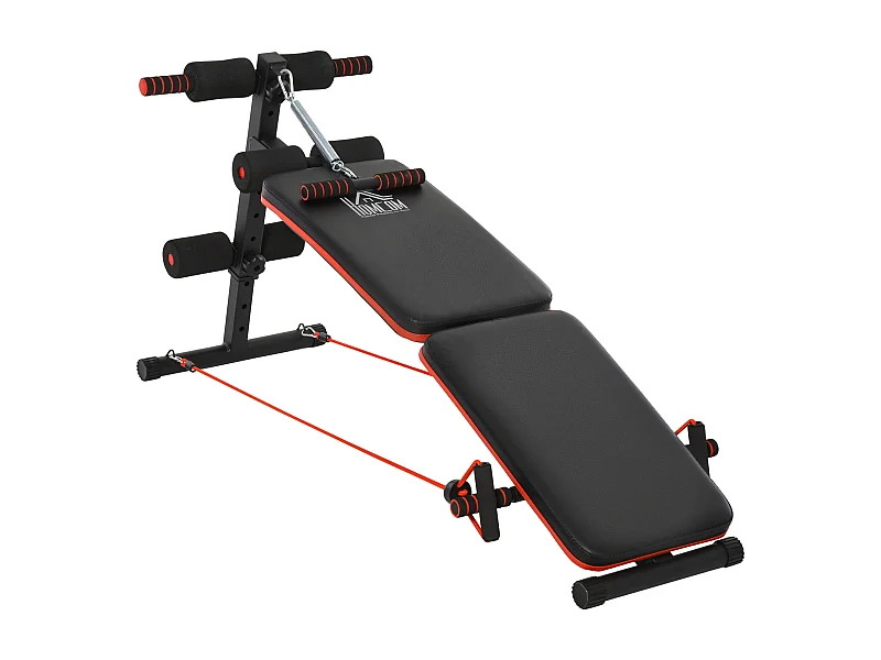 Banc d'entraînement abdominal réglable et pliable, multifonction avec cordes, acier, noir et rouge (137x51x66 cm)