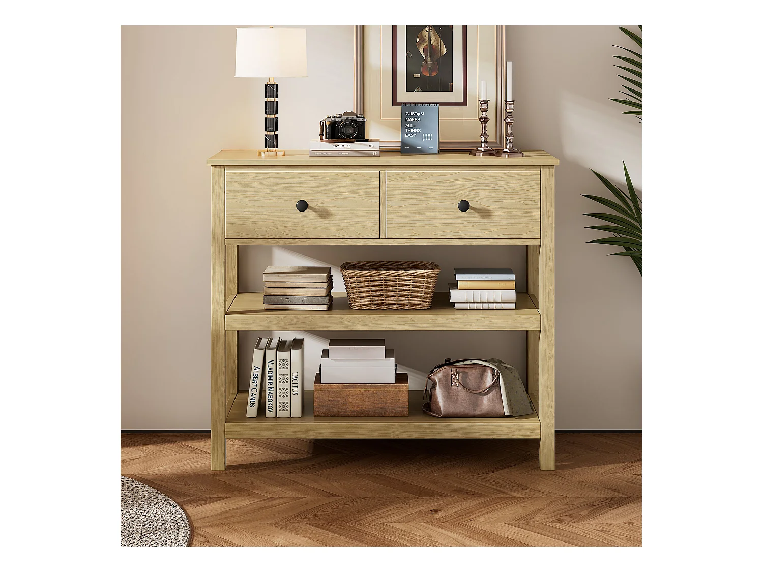 Console murale rétro, design élégant avec tiroirs et étagères, MDF, naturel (85x35x77cm)