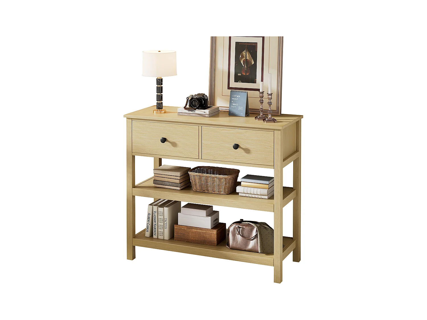 Console murale rétro, design élégant avec tiroirs et étagères, MDF, naturel (85x35x77cm)