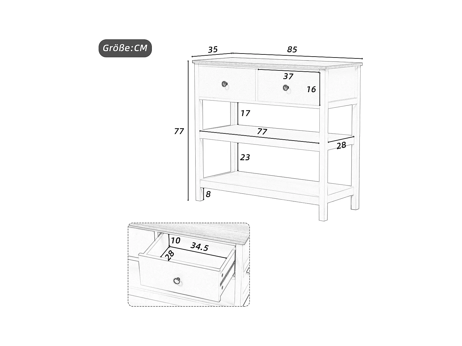 Console murale rétro, design élégant avec tiroirs et étagères, MDF, naturel (85x35x77cm)