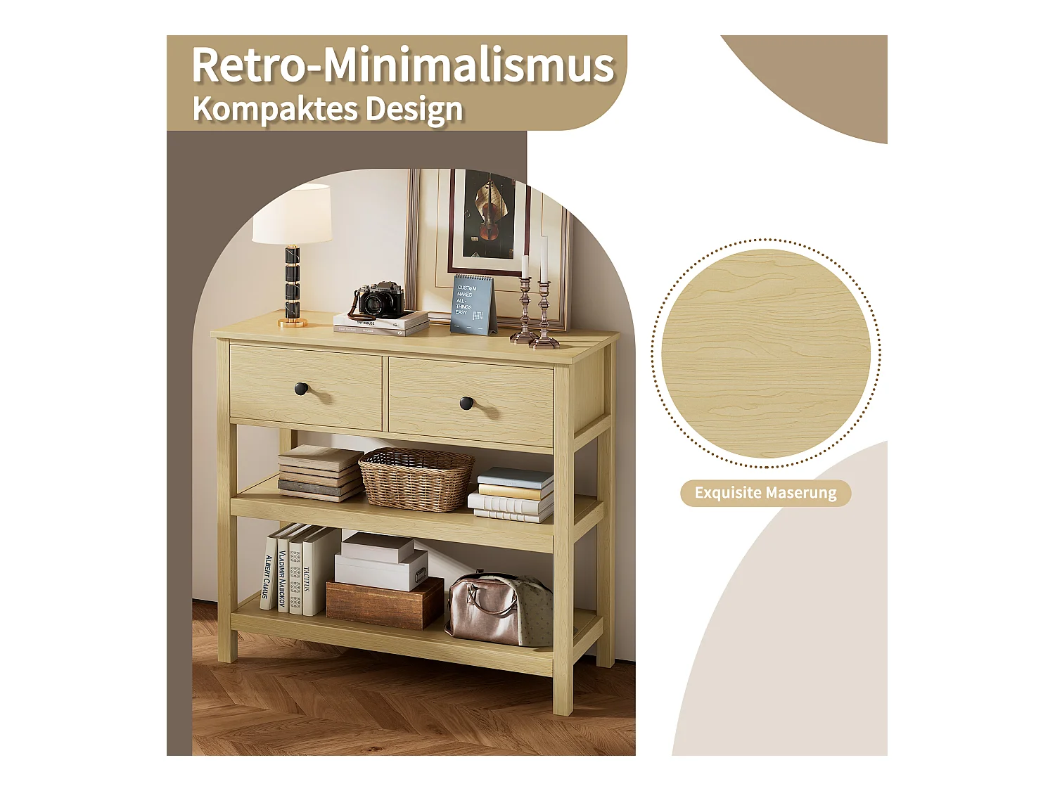 Console murale rétro, design élégant avec tiroirs et étagères, MDF, naturel (85x35x77cm)