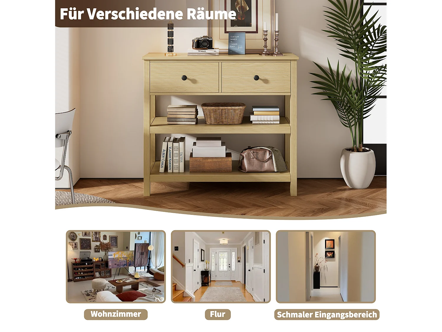 Console murale rétro, design élégant avec tiroirs et étagères, MDF, naturel (85x35x77cm)