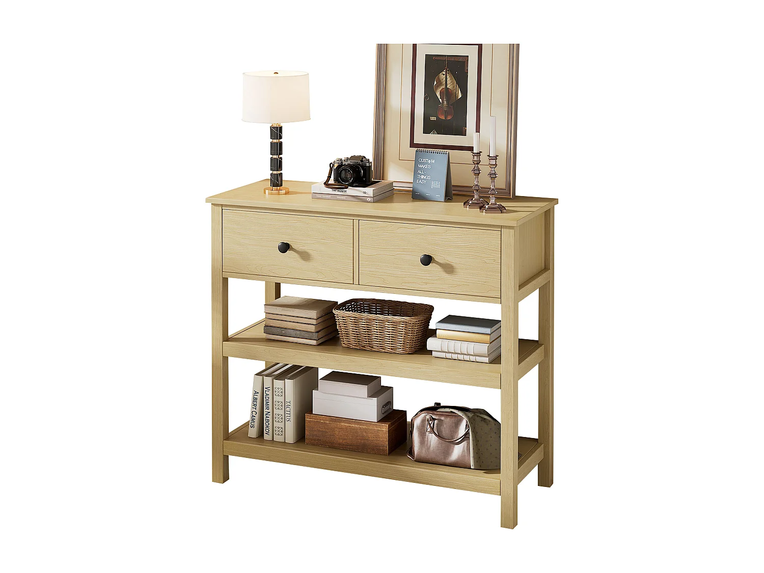 Console murale rétro, design élégant avec tiroirs et étagères, MDF, naturel (85x35x77cm)