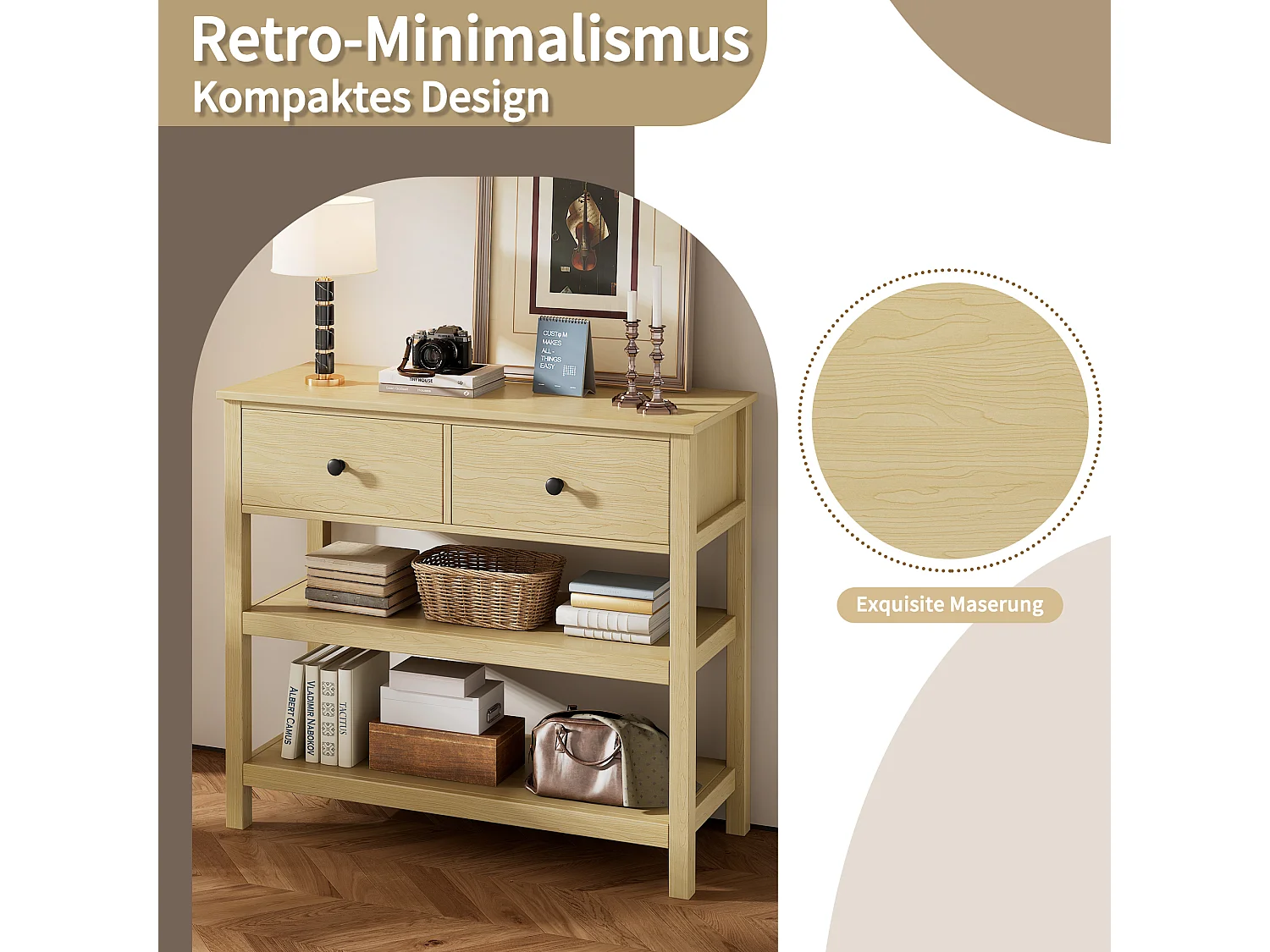 Console murale rétro, design élégant avec tiroirs et étagères, MDF, naturel (85x35x77cm)