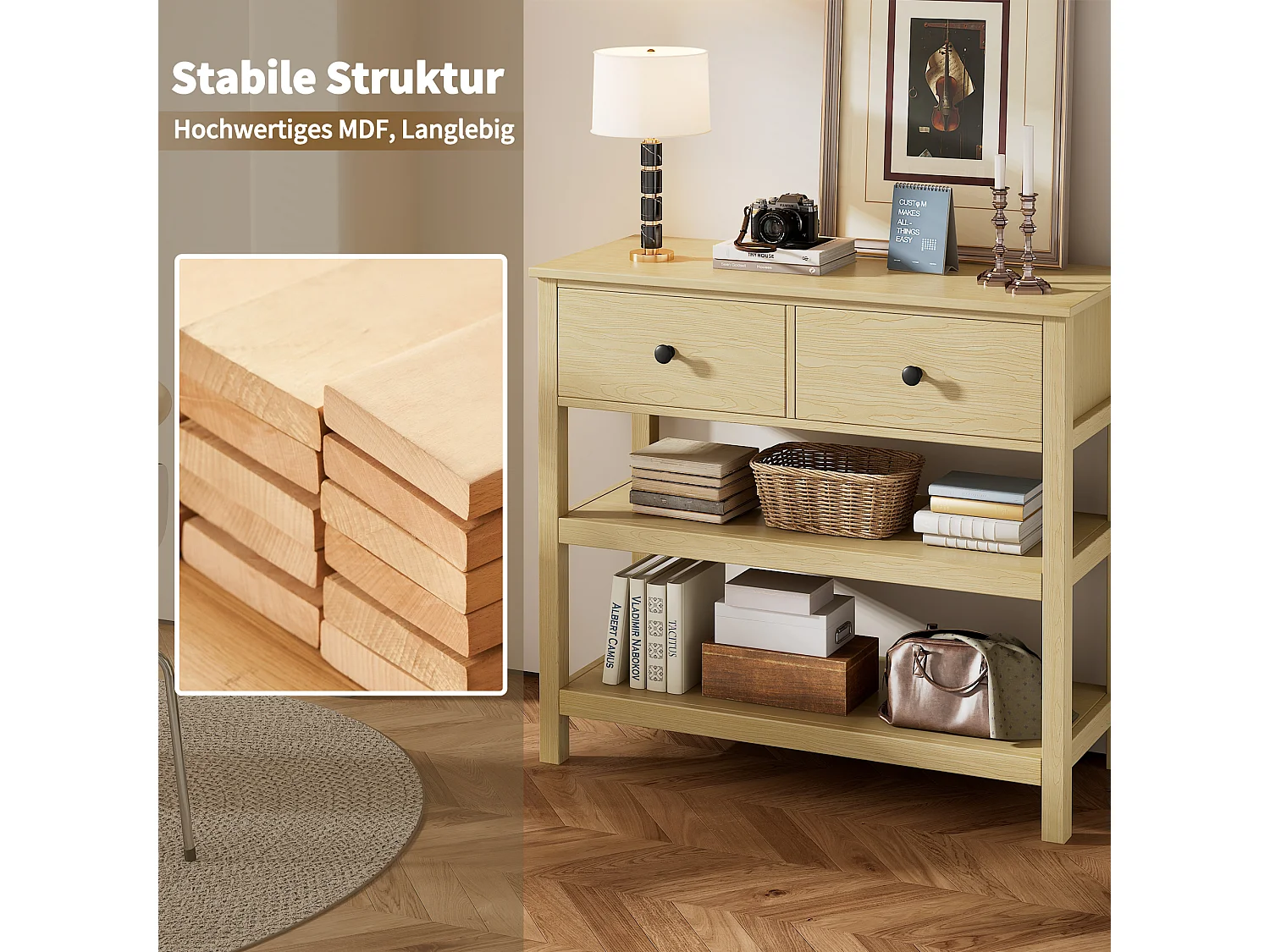 Console murale rétro, design élégant avec tiroirs et étagères, MDF, naturel (85x35x77cm)