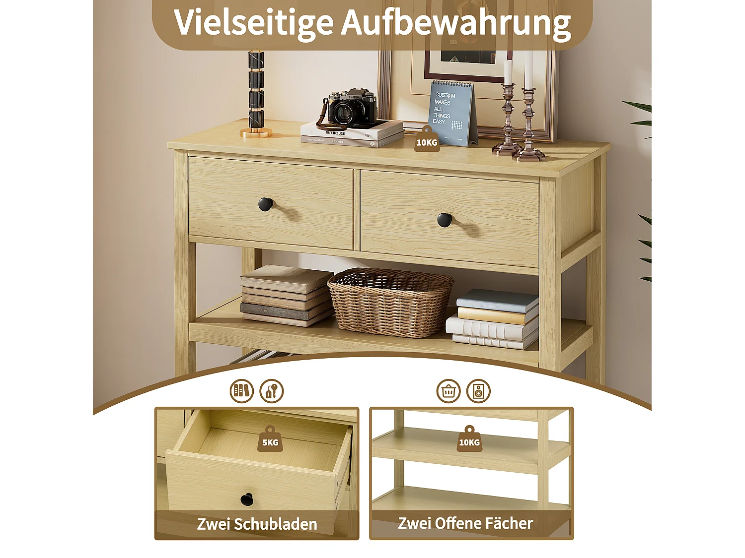 Console murale rétro, design élégant avec tiroirs et étagères, MDF, naturel (85x35x77cm)