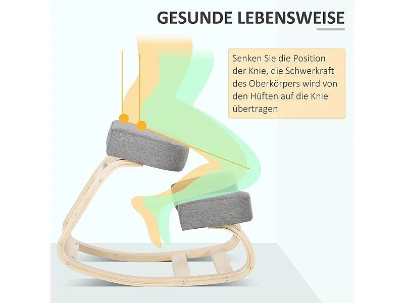 Tabouret ergonomique à genoux, posture saine, bois de bouleau, gris (51x69x58 cm)