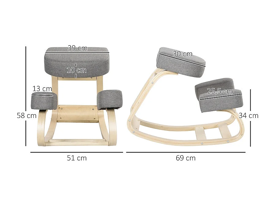 Taburete ergonómico de rodillas, postura saludable, madera de abedul, gris (51x69x58 cm)