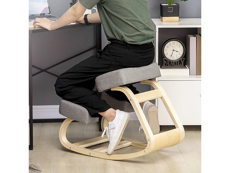Ergonomische kniekruk, gezonde houding, berkenhout, grijs (51x69x58 cm)