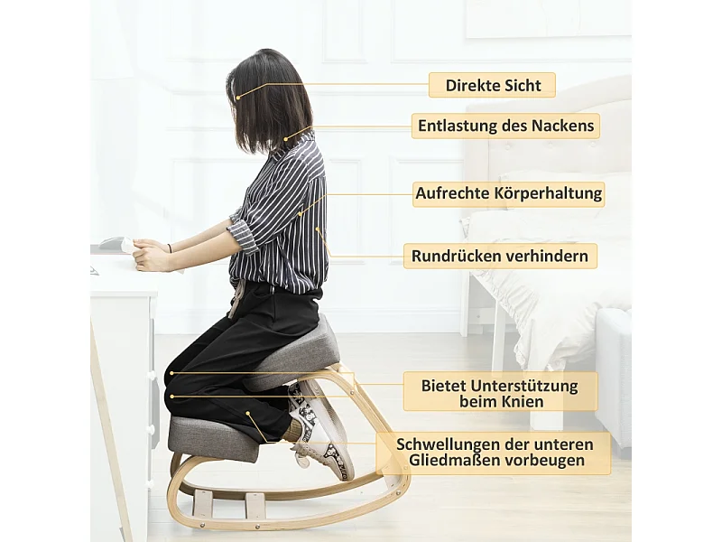 Ergonomische kniekruk, gezonde houding, berkenhout, grijs (51x69x58 cm)