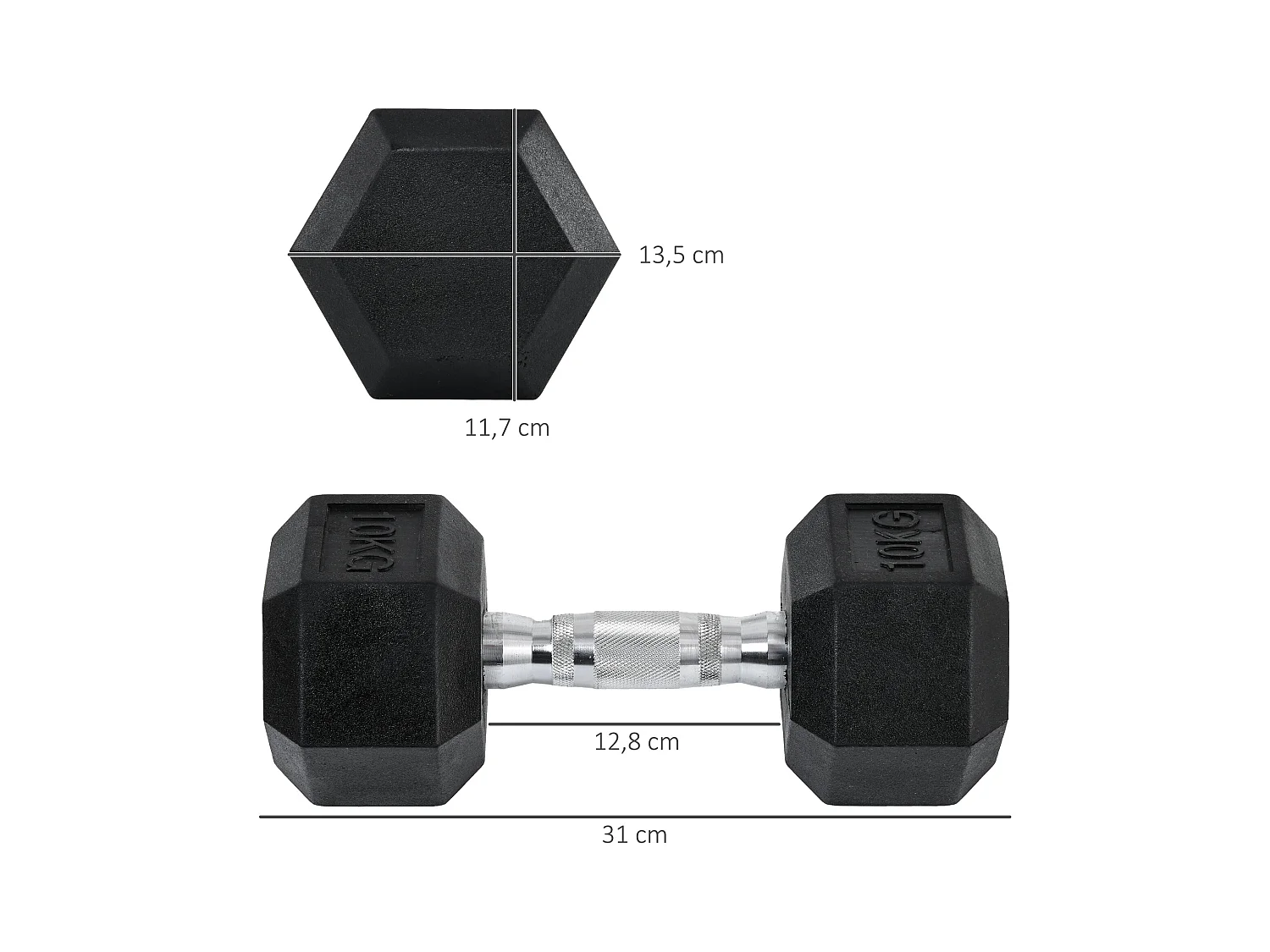 Haltères hexagonaux 2x10kg, fonte avec revêtement caoutchouc, noir (31x13.5x13.5cm)