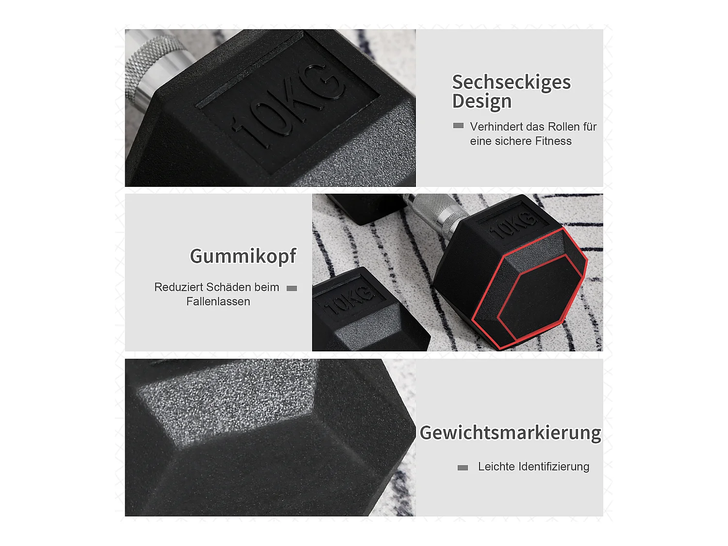 Haltères hexagonaux 2x10kg, fonte avec revêtement caoutchouc, noir (31x13.5x13.5cm)