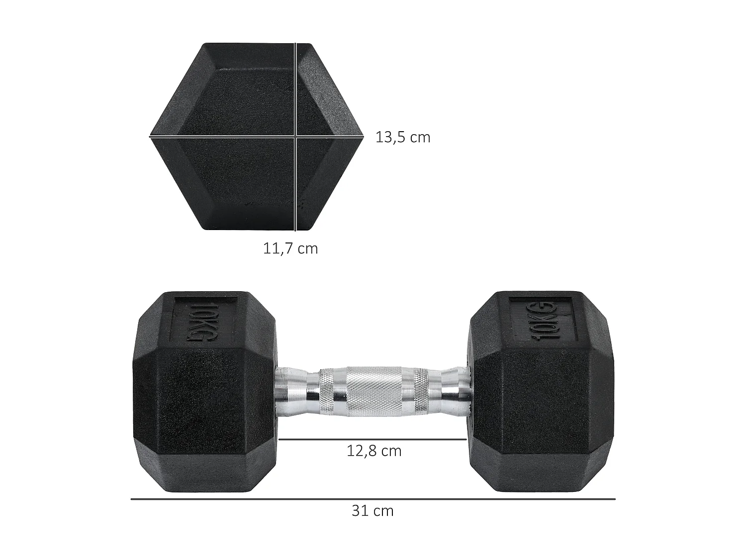 2x10kg zeshoekige halters, gietijzer met rubberen coating, zwart (31x13,5x13,5cm)