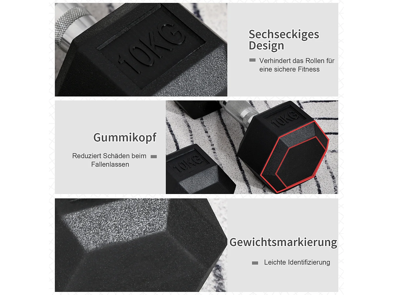 2x10kg zeshoekige halters, gietijzer met rubberen coating, zwart (31x13,5x13,5cm)