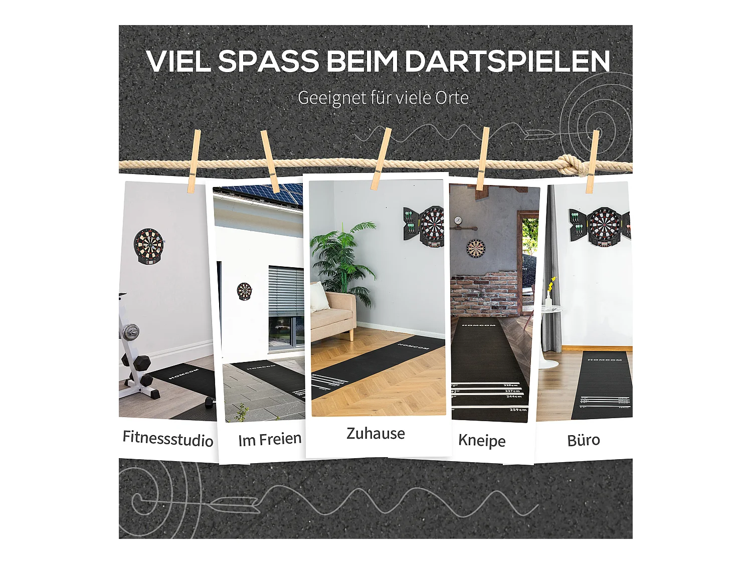 Tapis de jeu antidérapant pour fléchettes, en caoutchouc, noir, idéal pour tournois et usage domestique (300x61x3 cm)