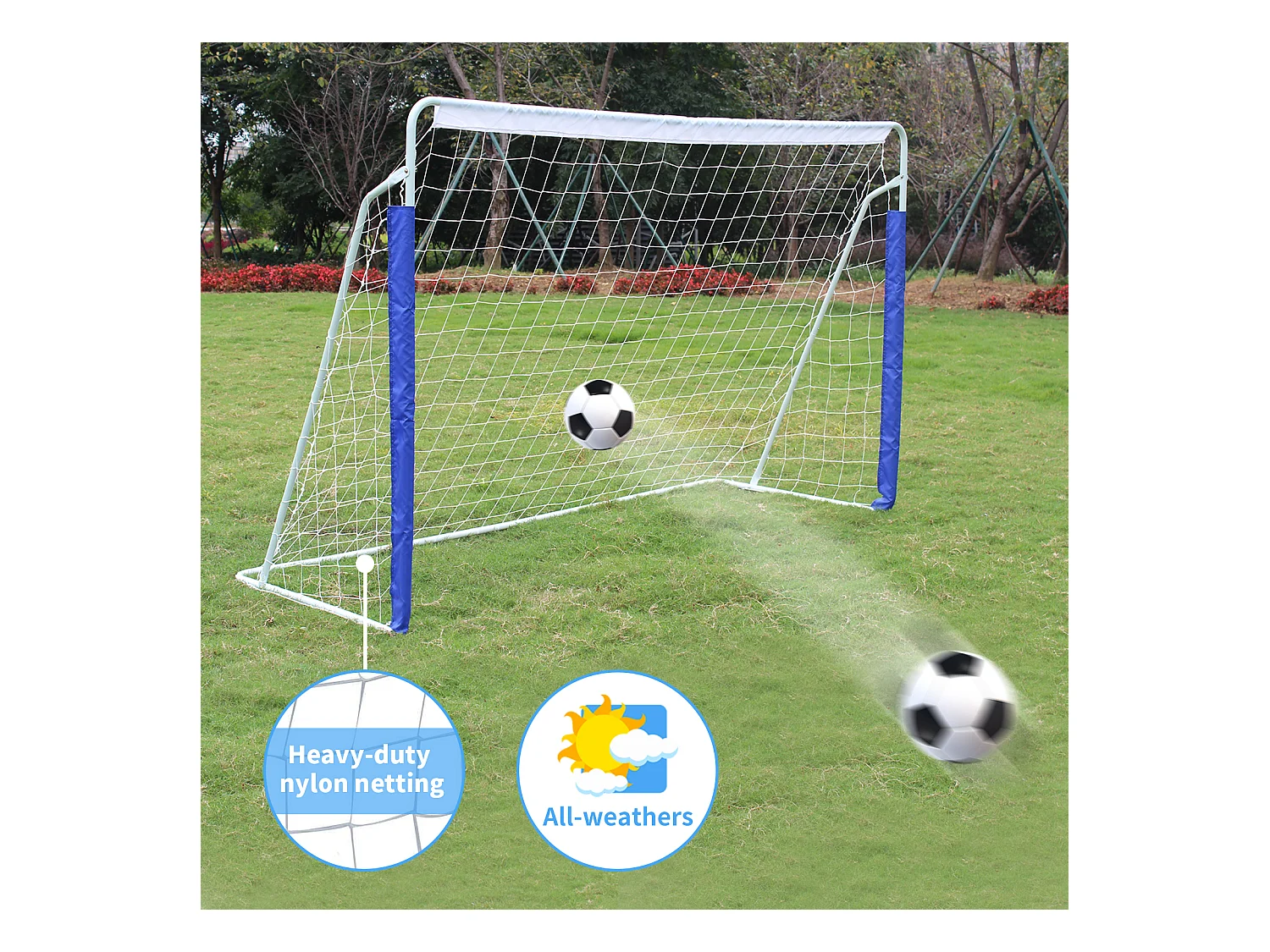 But de football portable pliable avec base en métal, filet résistant, idéal pour entraînement en extérieur/intérieur, bleu (240x150x90cm)