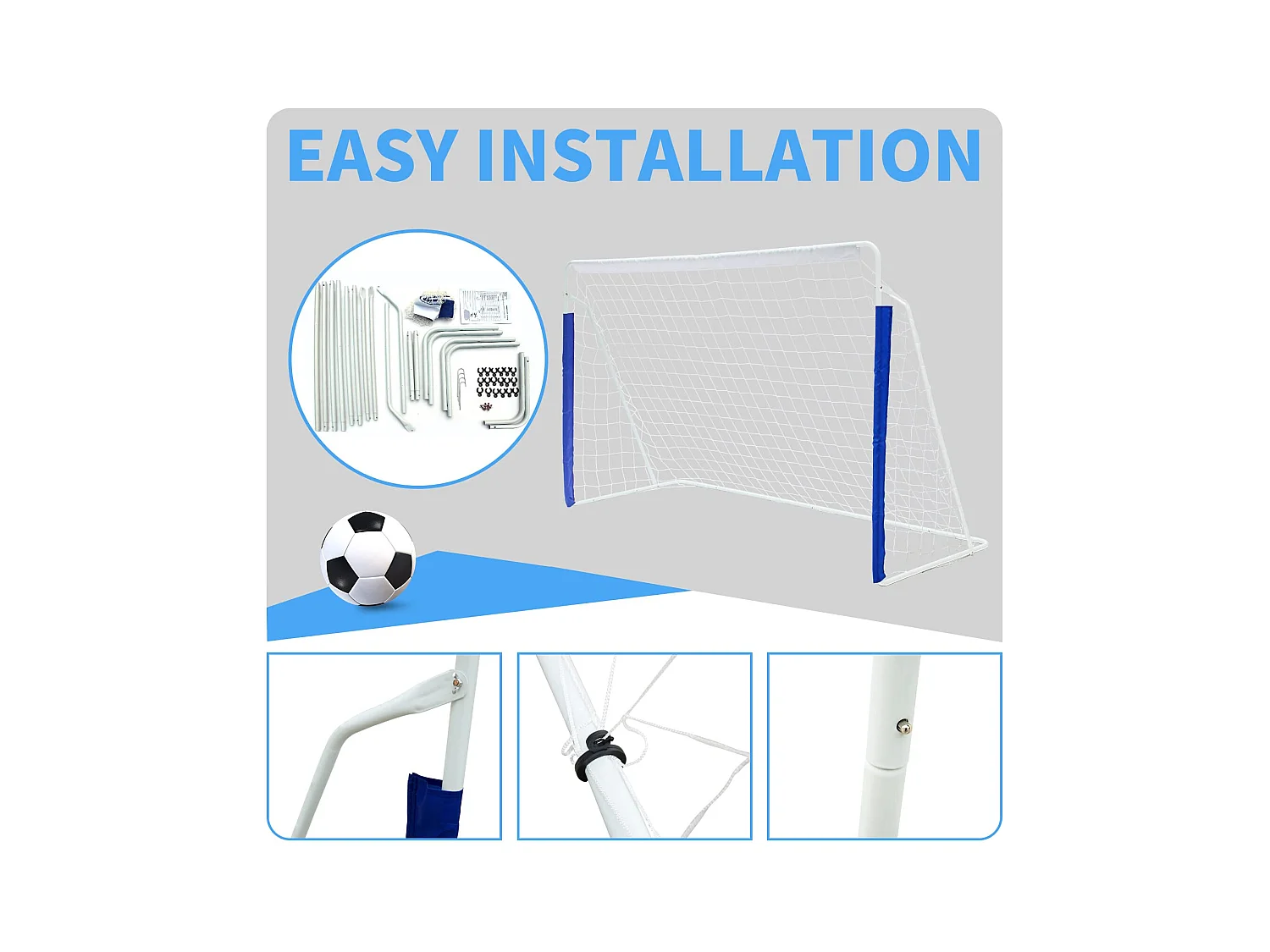 But de football portable pliable avec base en métal, filet résistant, idéal pour entraînement en extérieur/intérieur, bleu (240x150x90cm)