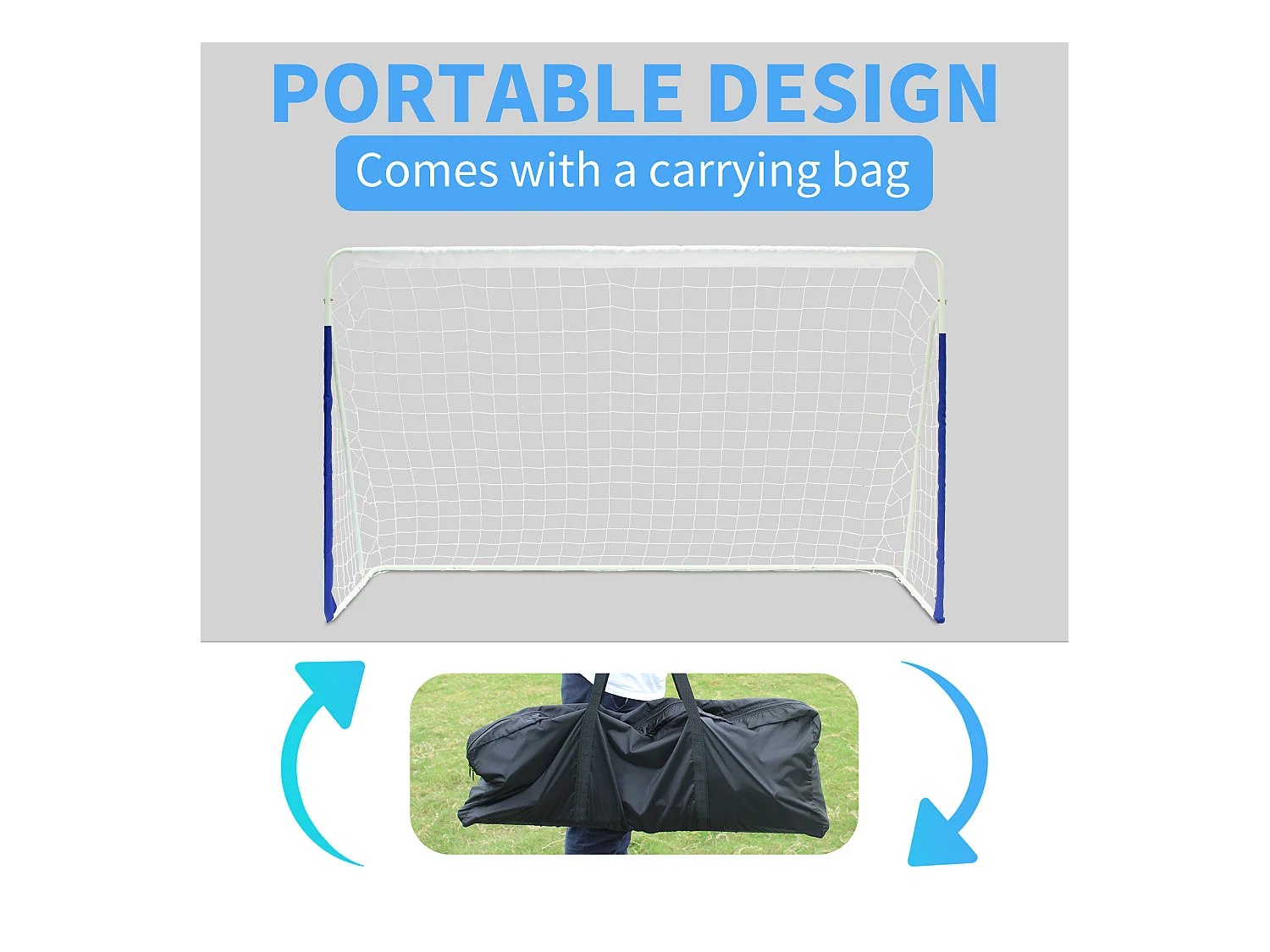 But de football portable pliable avec base en métal, filet résistant, idéal pour entraînement en extérieur/intérieur, bleu (240x150x90cm)